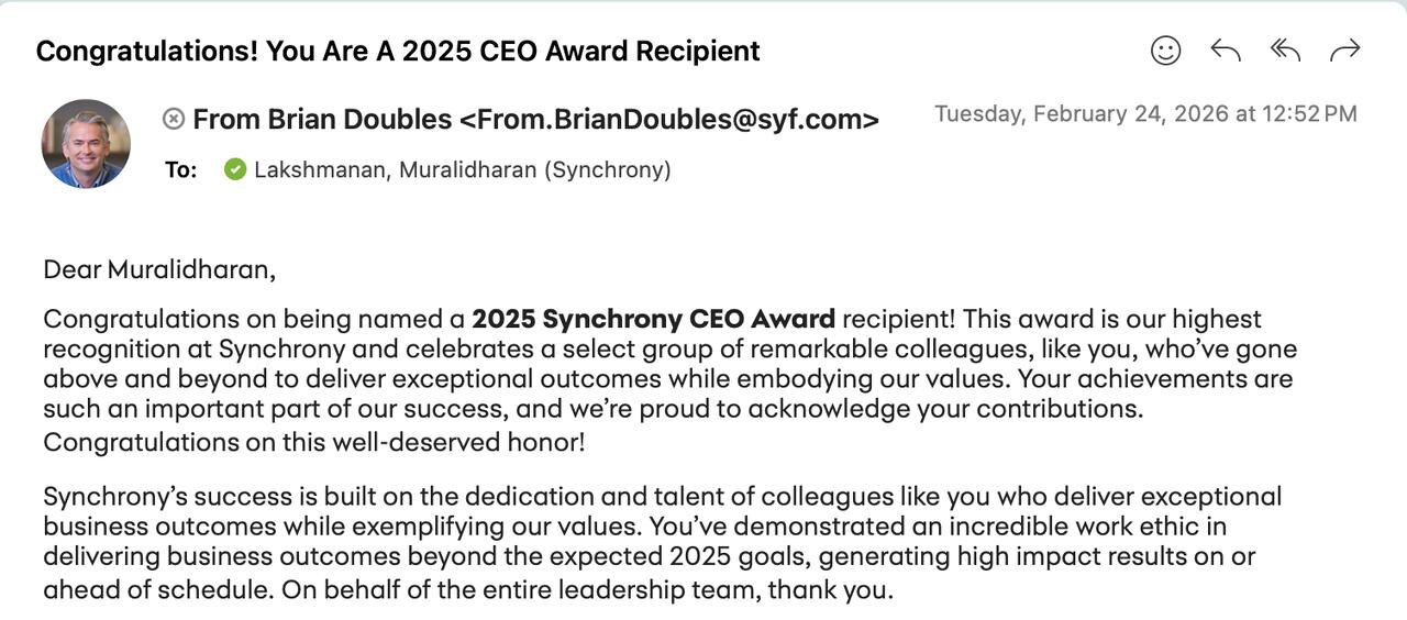 Email notification of the 2025 Synchrony CEO Award