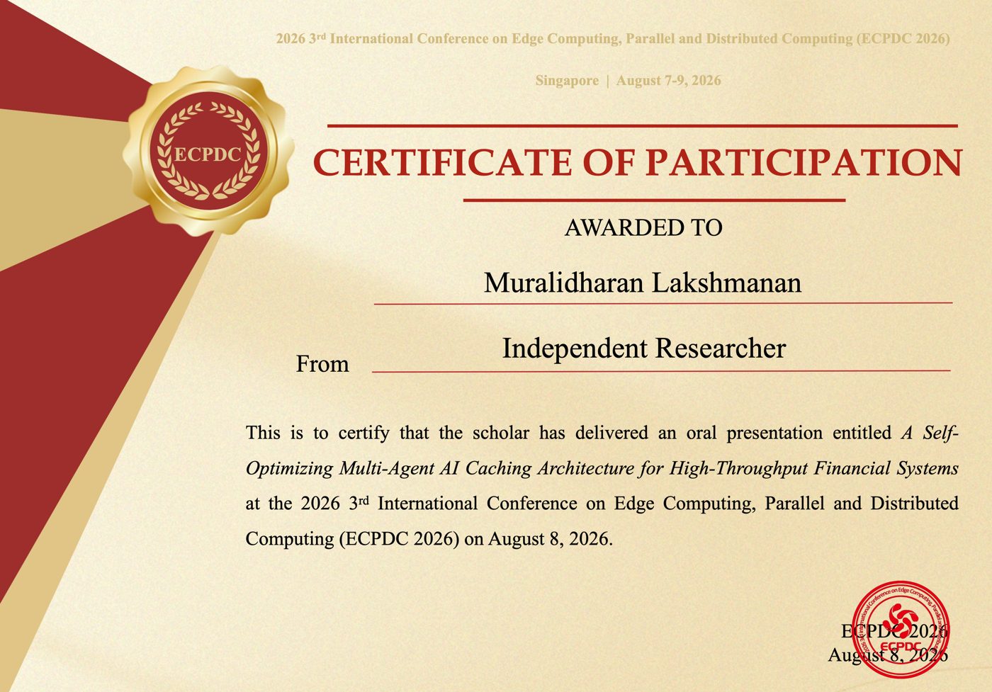 Certificate of participation, oral presentation